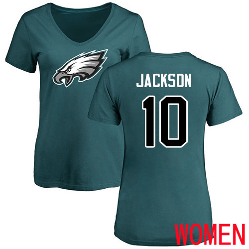 Women Philadelphia Eagles #10 DeSean Jackson Green Name and Number Logo Slim Fit NFL T Shirt->nfl t-shirts->Sports Accessory